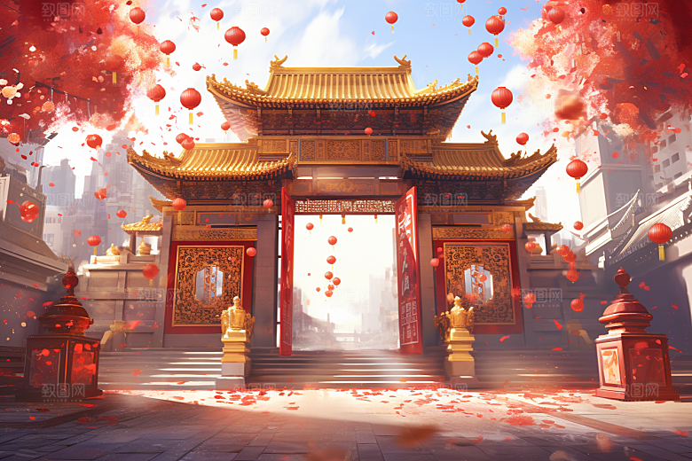 中式传统门楼喜庆开门红背景图