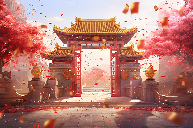 中式传统门楼直播国潮背景图
