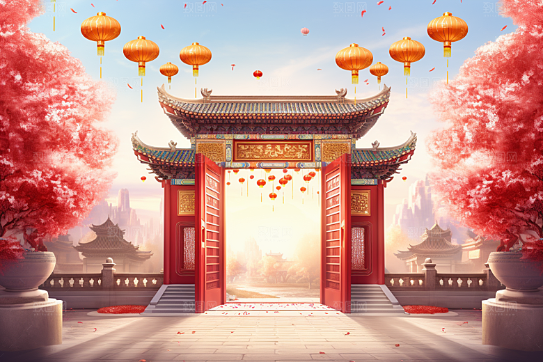 中式传统门楼开业大吉火热背景图