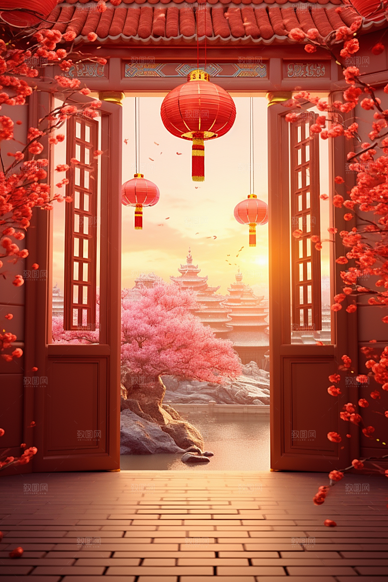 中式传统门楼国潮火热背景图