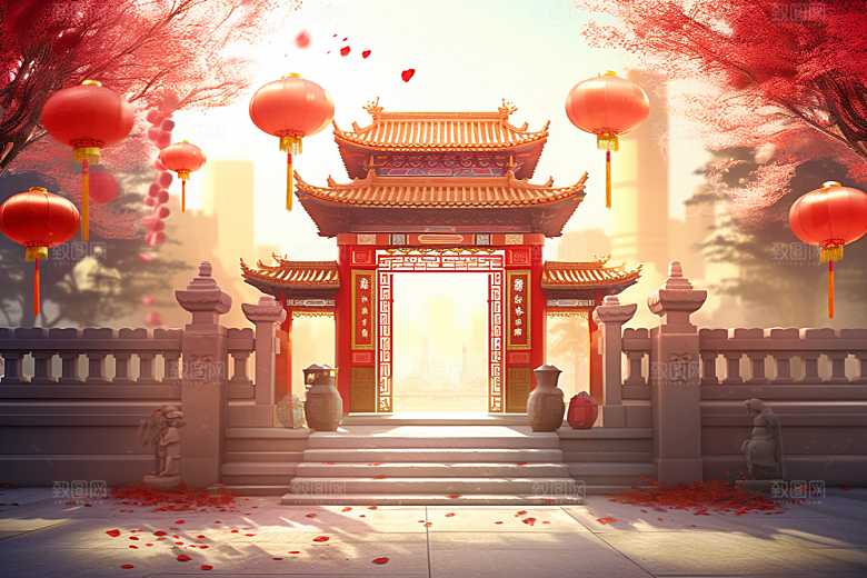 中式传统门楼促销喜庆背景图