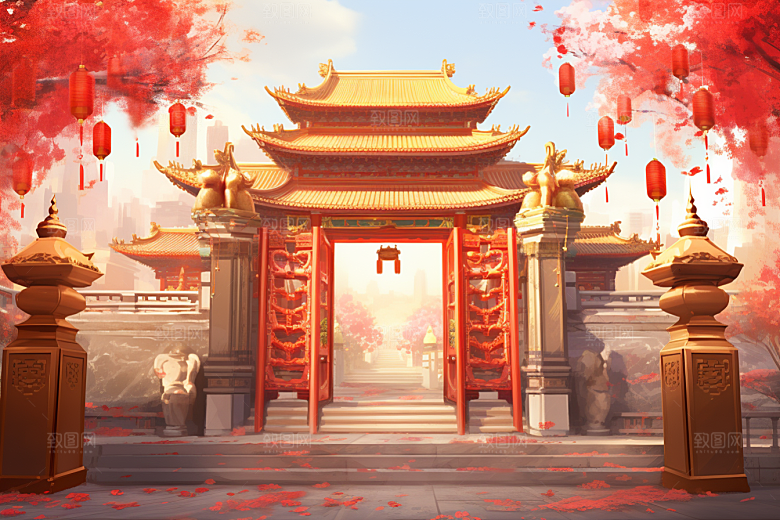中式传统门楼直播国潮背景图