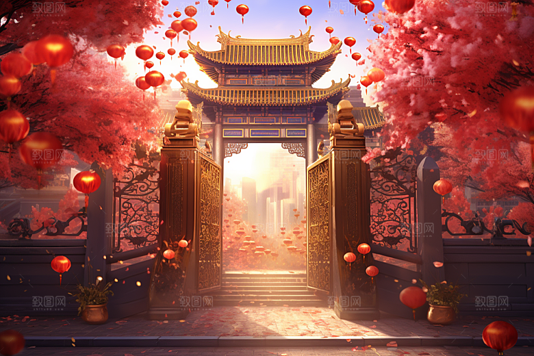 中式传统门楼促销开门红背景图