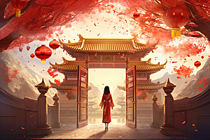 中式传统门楼火热中国风背景图