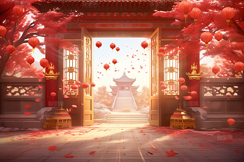 中式传统门楼火热喜庆背景图