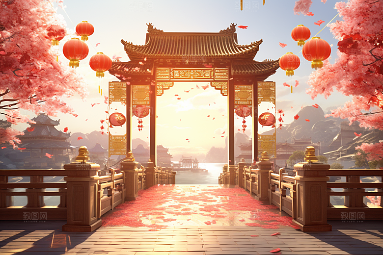 中式传统门楼促销开门红背景图