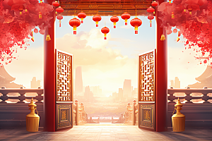 中式传统门楼开门红火热背景图