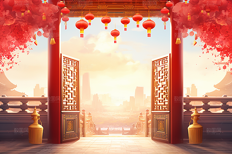 中式传统门楼开门红火热背景图