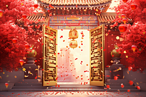 中式传统门楼喜庆开门红背景图