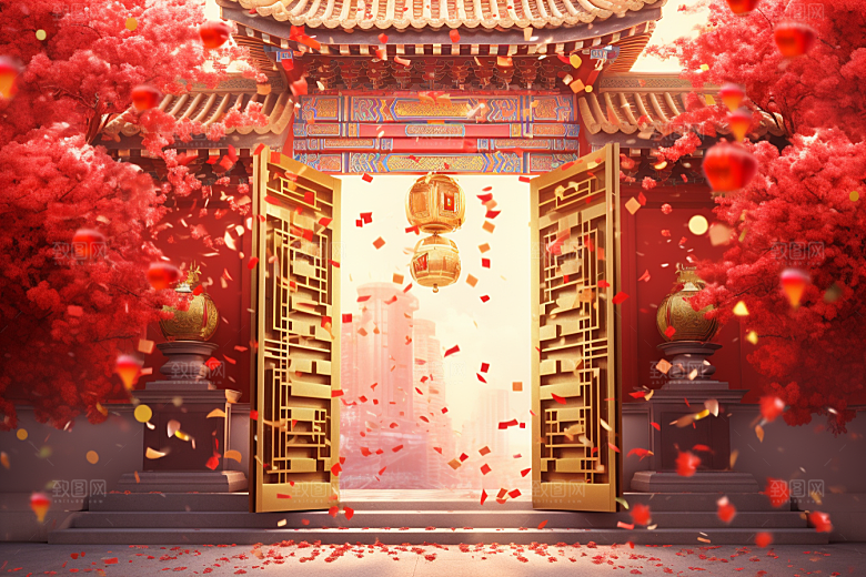 中式传统门楼喜庆开门红背景图