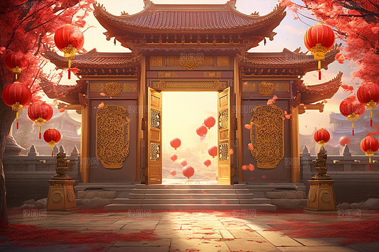 中式传统门楼开业大吉喜庆背景图
