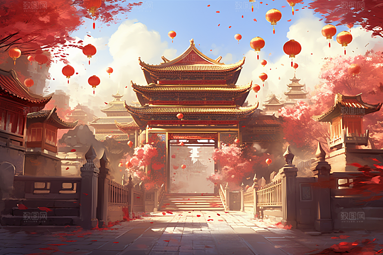 中式传统门楼国潮促销背景图