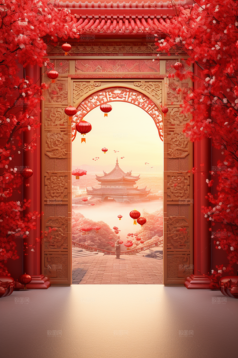 中式传统门楼国潮开业大吉背景图