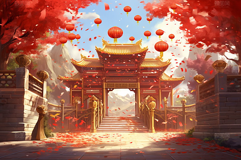 中式传统门楼热卖开业大吉背景图