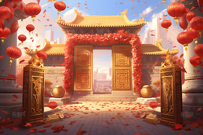 中式传统门楼国潮喜庆背景图