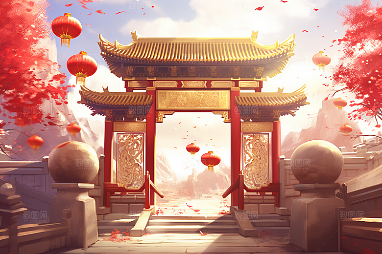中式传统门楼火热直播背景图