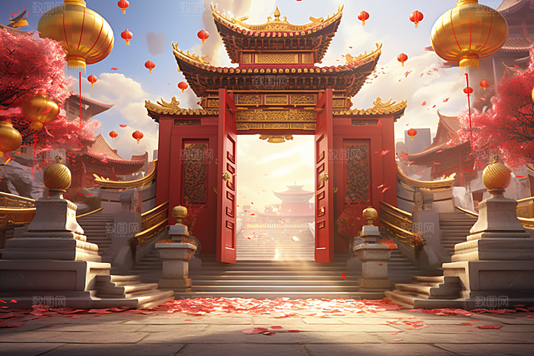 中式传统门楼开业促销背景图
