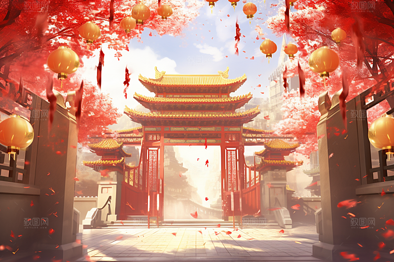 中式传统门楼国潮喜庆背景图