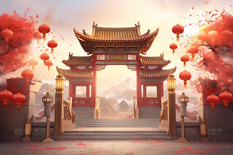 中式传统门楼开业大吉热卖背景图