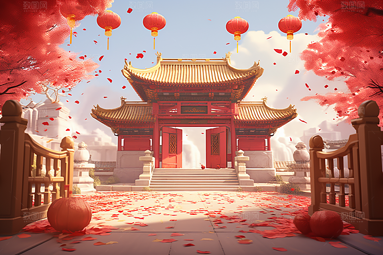 中式传统门楼中国风促销背景图