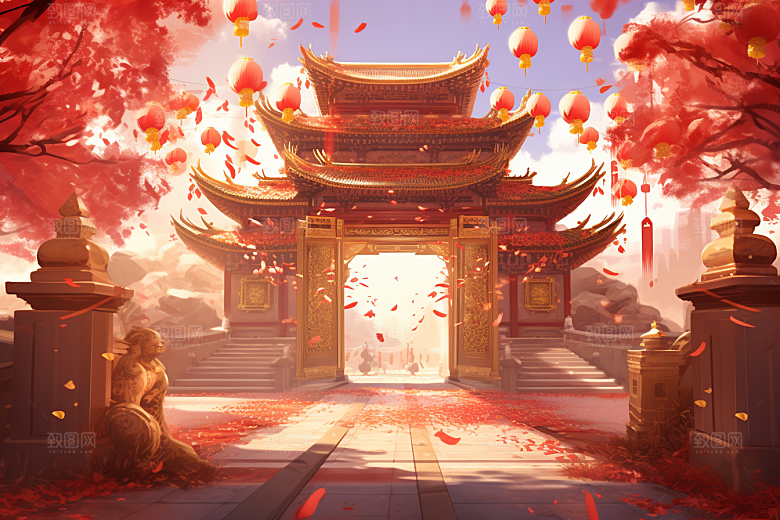 中式传统门楼开门红促销背景图