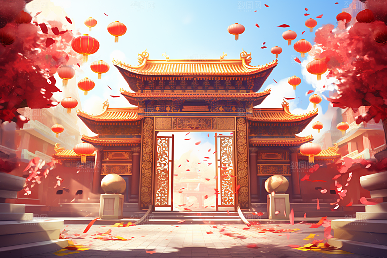 中式传统门楼火热促销背景图