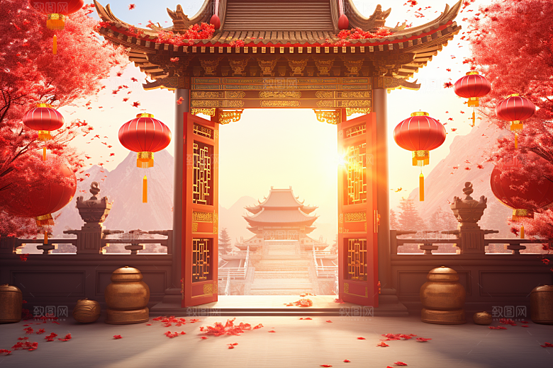 中式传统门楼热卖开业背景图