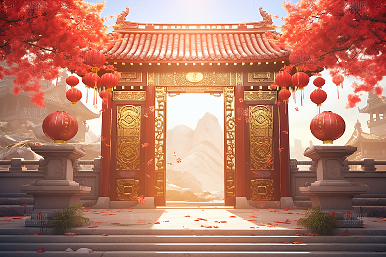 中式传统门楼促销开门红背景图