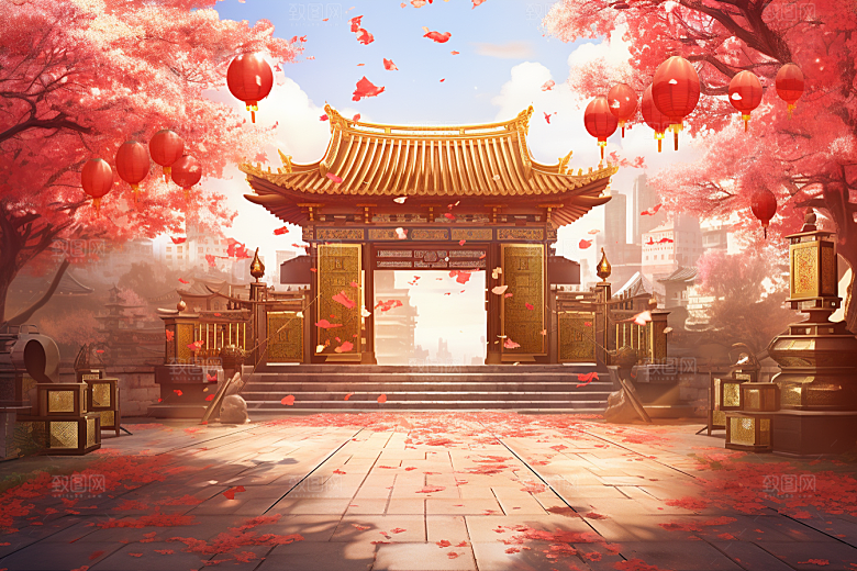 中式传统门楼开门红中国风背景图