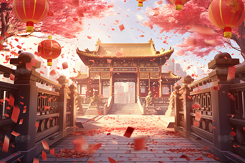 中式传统门楼火热开业背景图