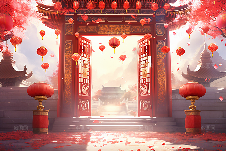 中式传统门楼喜庆开业背景图