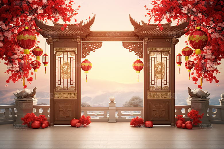 中式传统门楼开门红中国风背景图
