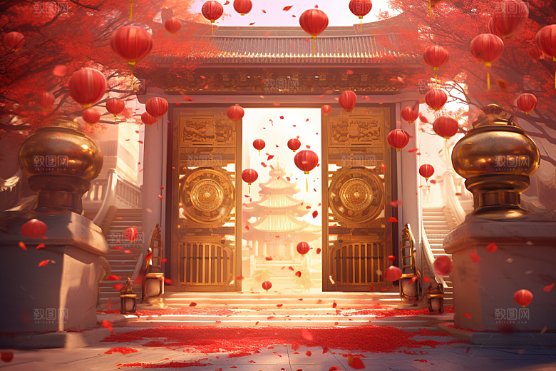 中式传统门楼国潮开门红背景图