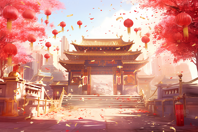中式传统门楼直播喜庆背景图