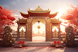 中式传统门楼喜庆直播背景图