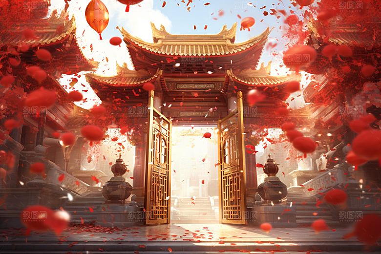 中式传统门楼开业国潮背景图