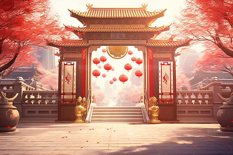 中式传统门楼促销火热背景图