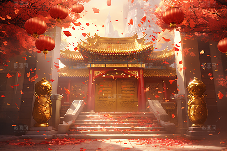 中式传统门楼开业大吉开门红背景图