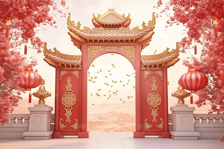 中式传统门楼喜庆国潮背景图