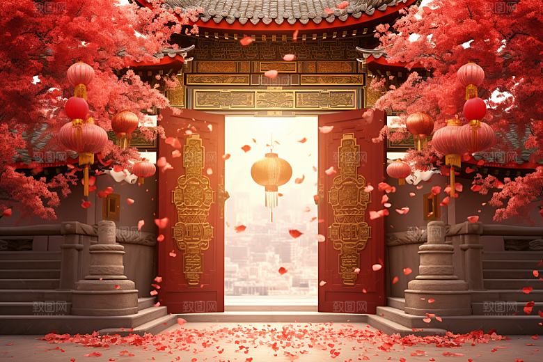 中式传统门楼开业大吉开门红背景图