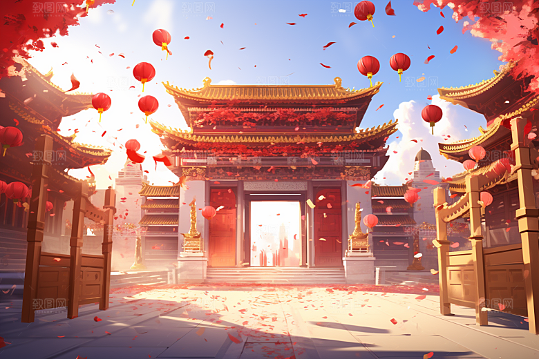 中式传统门楼开业大吉火热背景图
