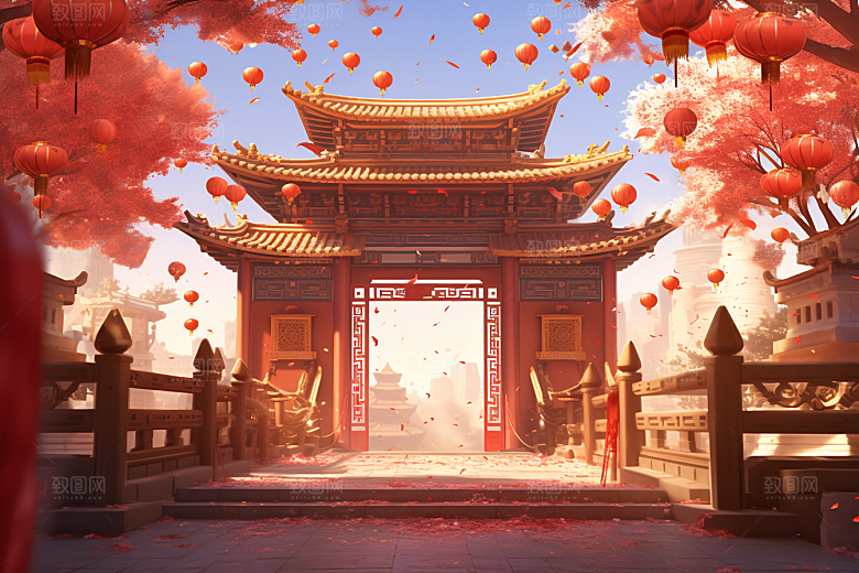 中式传统门楼开业大吉热卖背景图