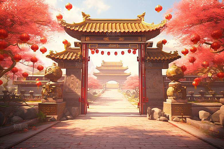 中式传统门楼中国风开业背景图