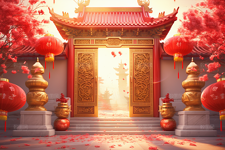 中式传统门楼热卖开业背景图