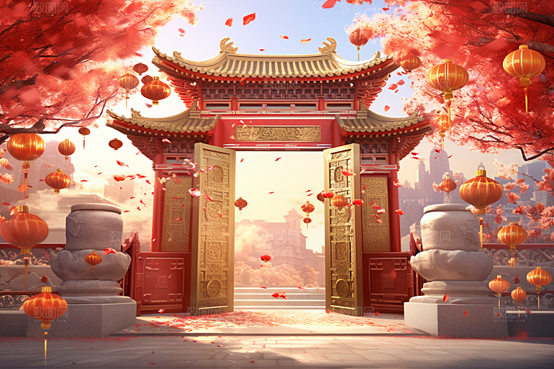 中式传统门楼直播促销背景图