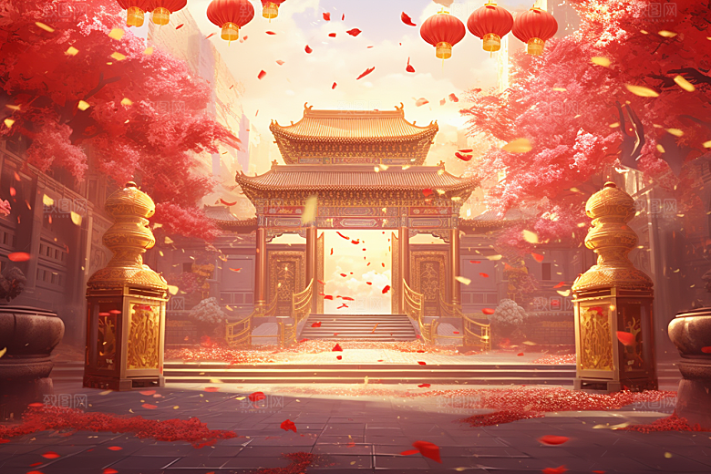 中式传统门楼开门红开业大吉背景图