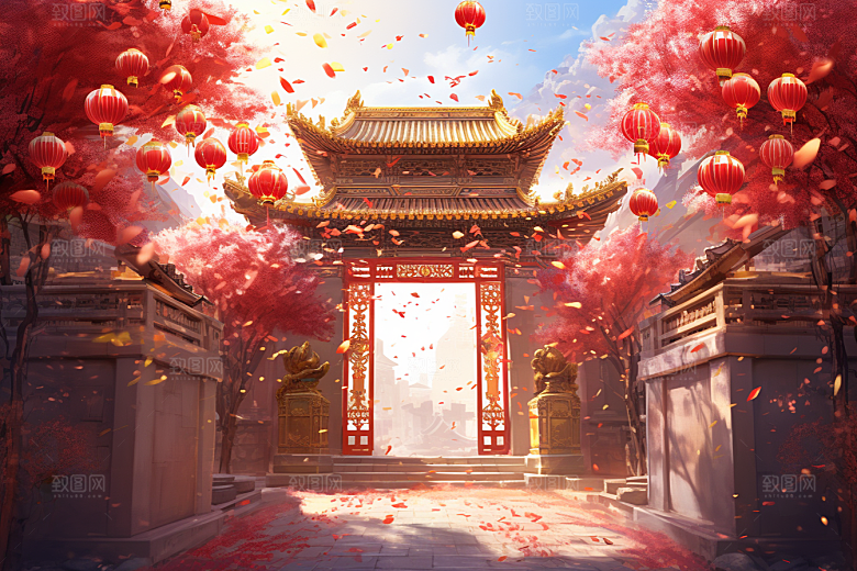 中式传统门楼开业大吉开业背景图