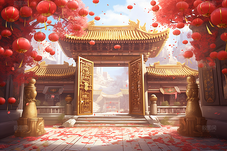 中式传统门楼喜庆直播背景图