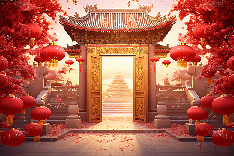 中式传统门楼国潮促销背景图