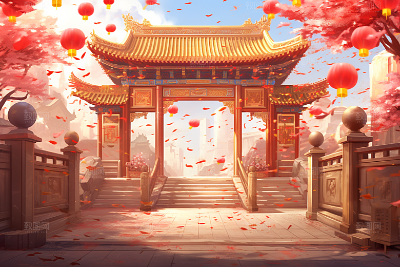 中式传统门楼开业大吉开门红背景图